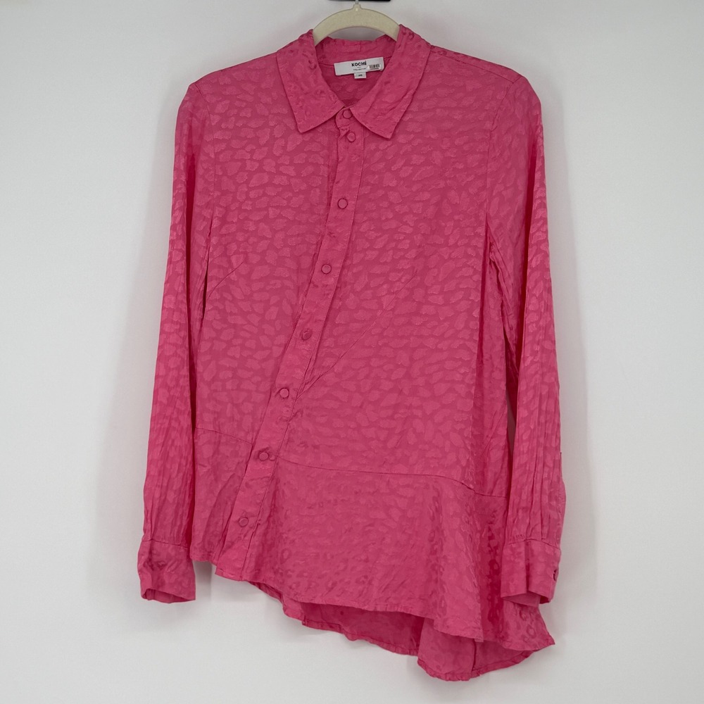 KOCHE Collective Pink Leopard Jacquard Asymmetrical Button Down Shirt Size 36‎